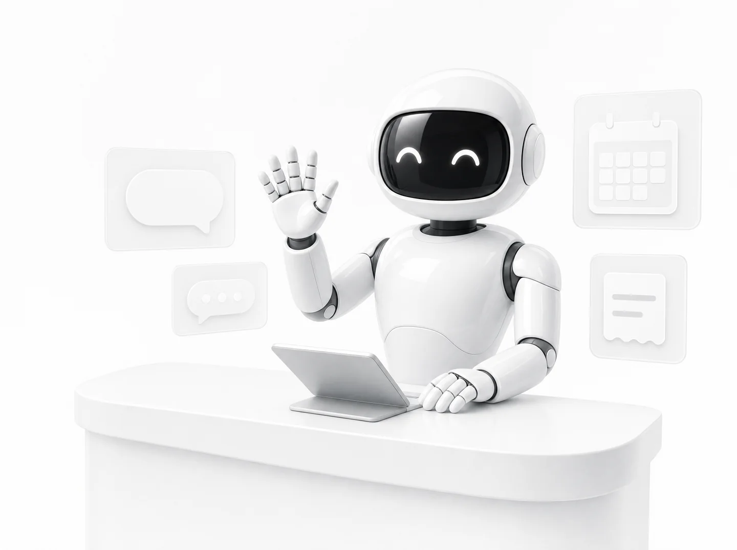 Robot asistente blanco que saluda detrás de un mostrador, rodeado de un chat, una agenda y un comprobante.